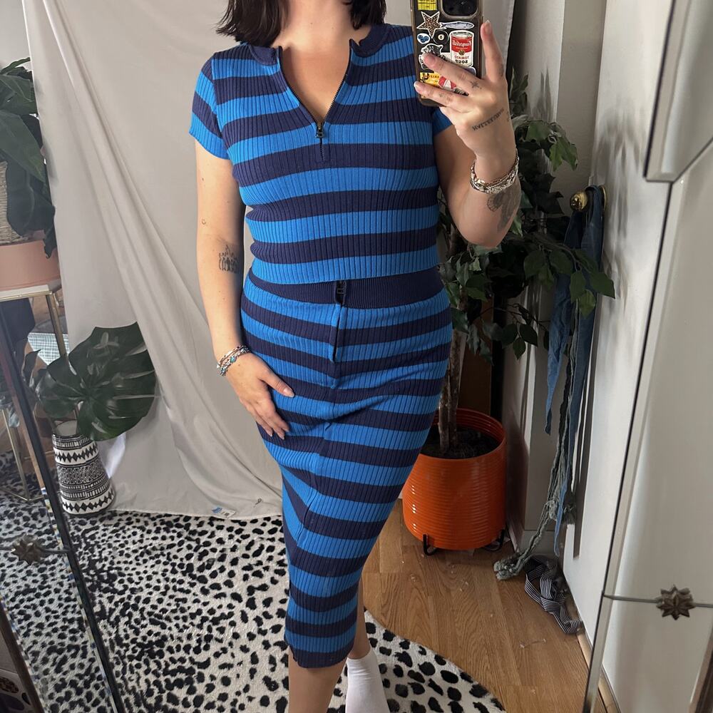 Anthropologie Daily Practice Striped Crop Top and Midi Pencil Skirt Set Blue XS